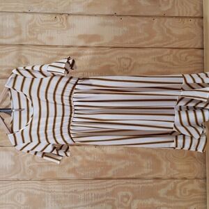 Paolino Gold White Striped Ruffled Bell Sleeve Dress Size M